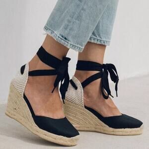 Soludos Women’s 8 Black Canvas Marseille Lace-Up Espadrille Wedge Sandals NEW